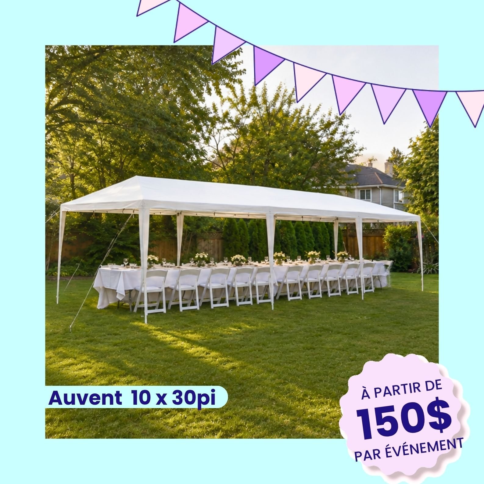 Auvent 10 x 30 pieds ouvert