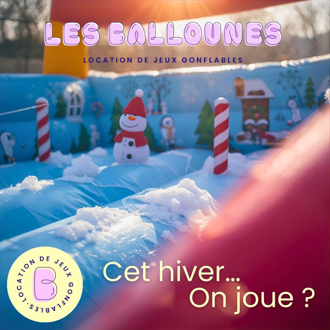 Enfants qui s’amusent dans un jeu gonflable coloré installé à l’extérieur sur la neige en hiver sur la rive-nord de montréal et dans les laurentides , location hivernale de jeux gonflables Les Ballounes Inc.