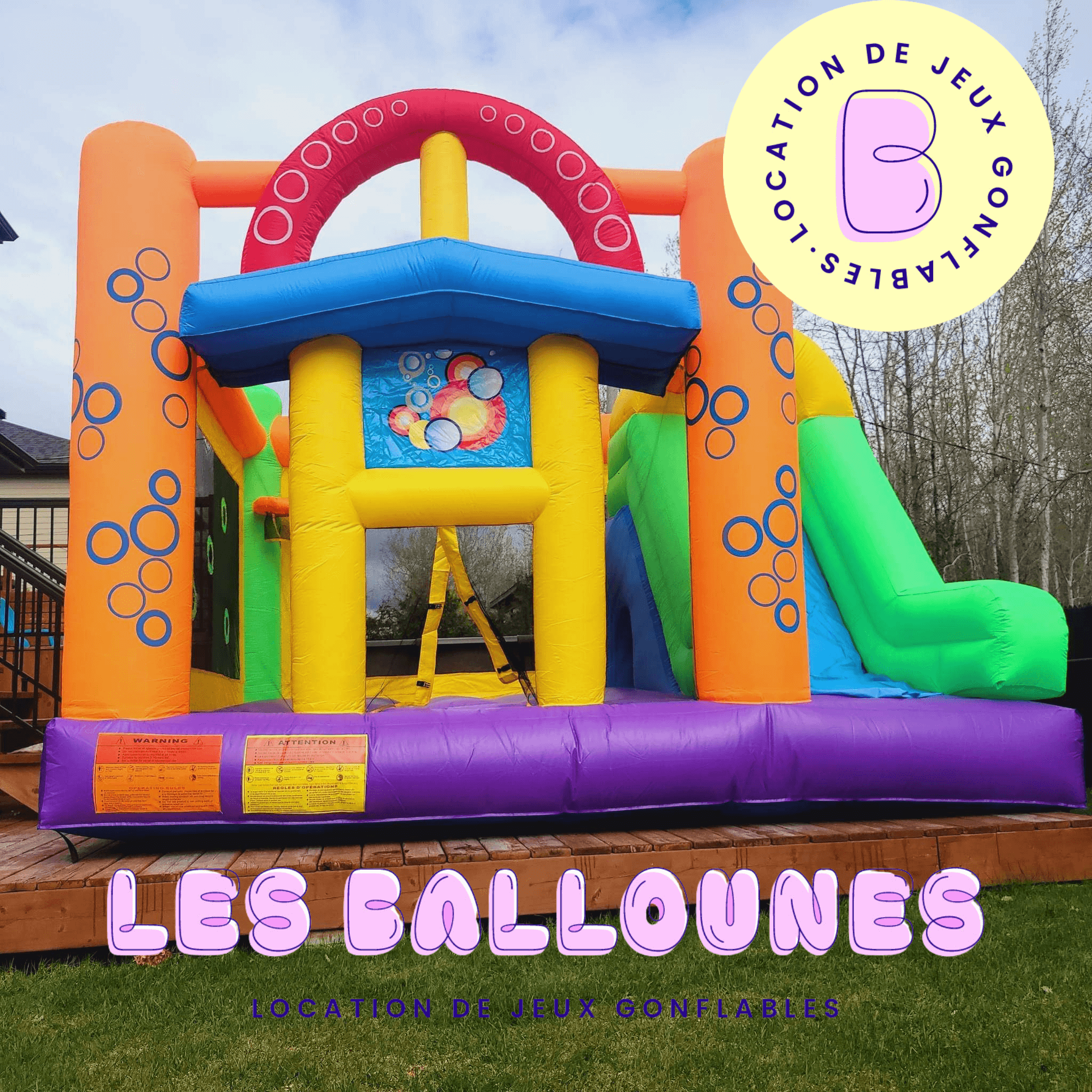 Jeu gonflable La Bullerie installé sur la neige en hiver dans les Laurentides, location hivernale de jeux gonflables Les Ballounes