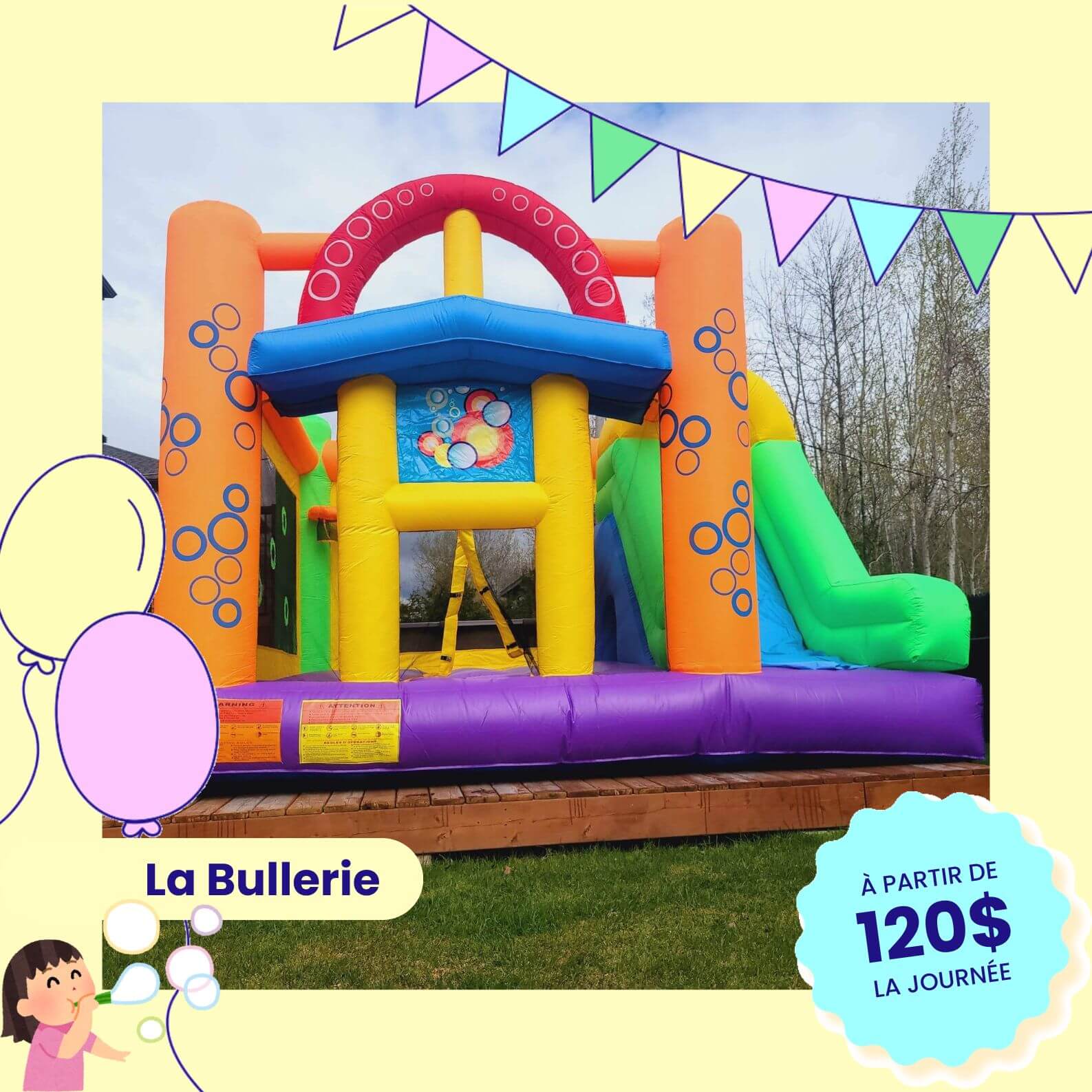 Jeu gonflable La Bullerie installé sur la neige en hiver dans les Laurentides, location hivernale de jeux gonflables Les Ballounes