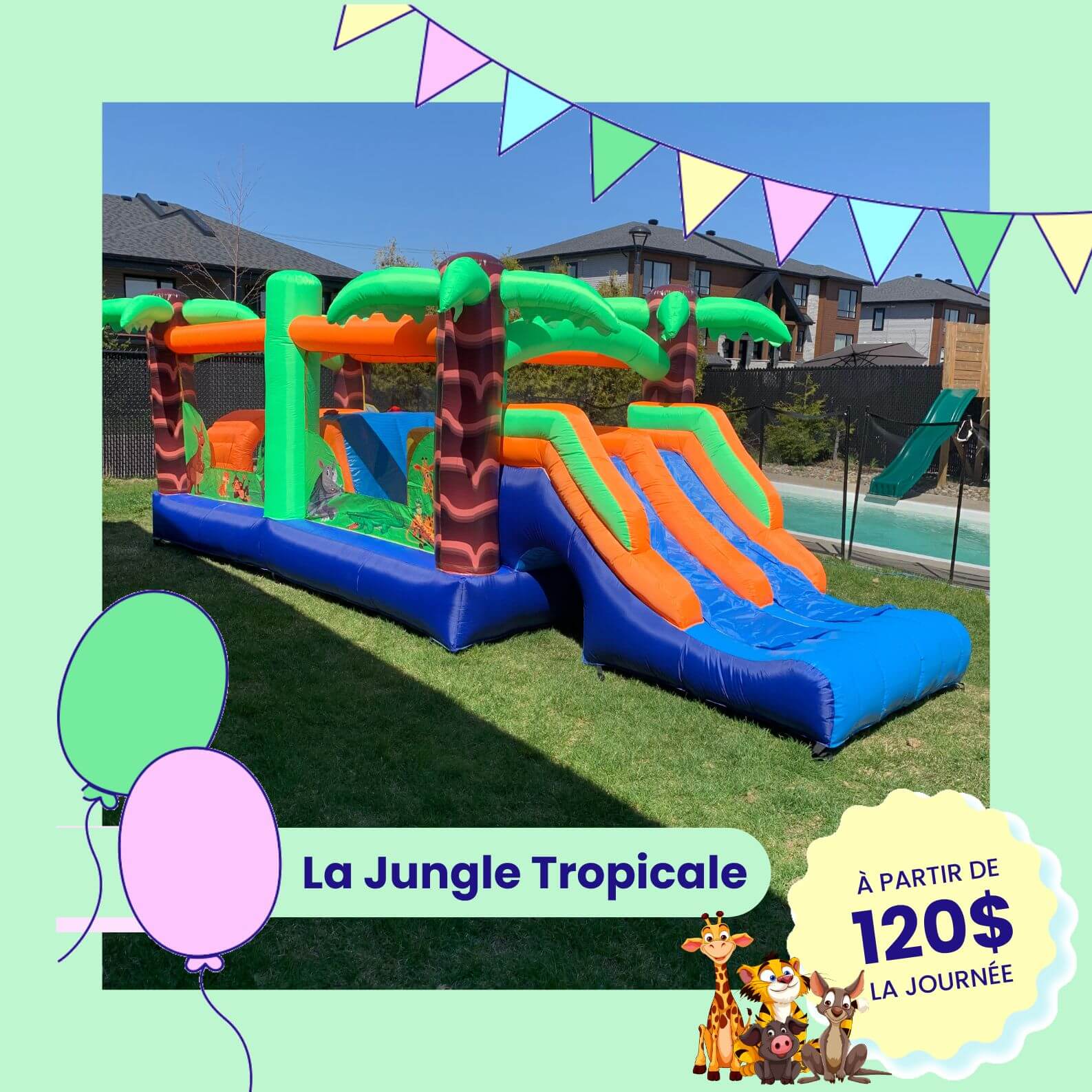 Enfants jouant dans le jeu gonflable Jungle Tropicale installé à l’extérieur sur la neige sur la Rive-Nord de Montréal, location hivernale Les Ballounes