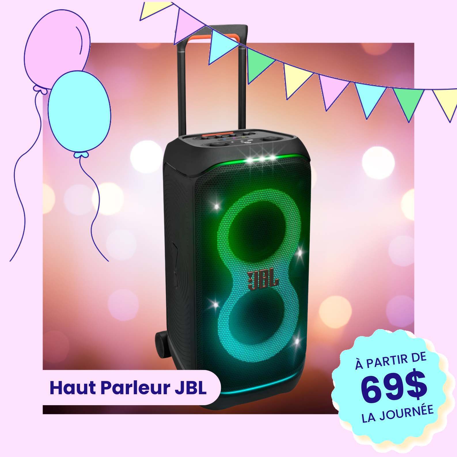 Haut-parleur JBL PartyBox Stage 320 en location – vue avant avec lumières LED