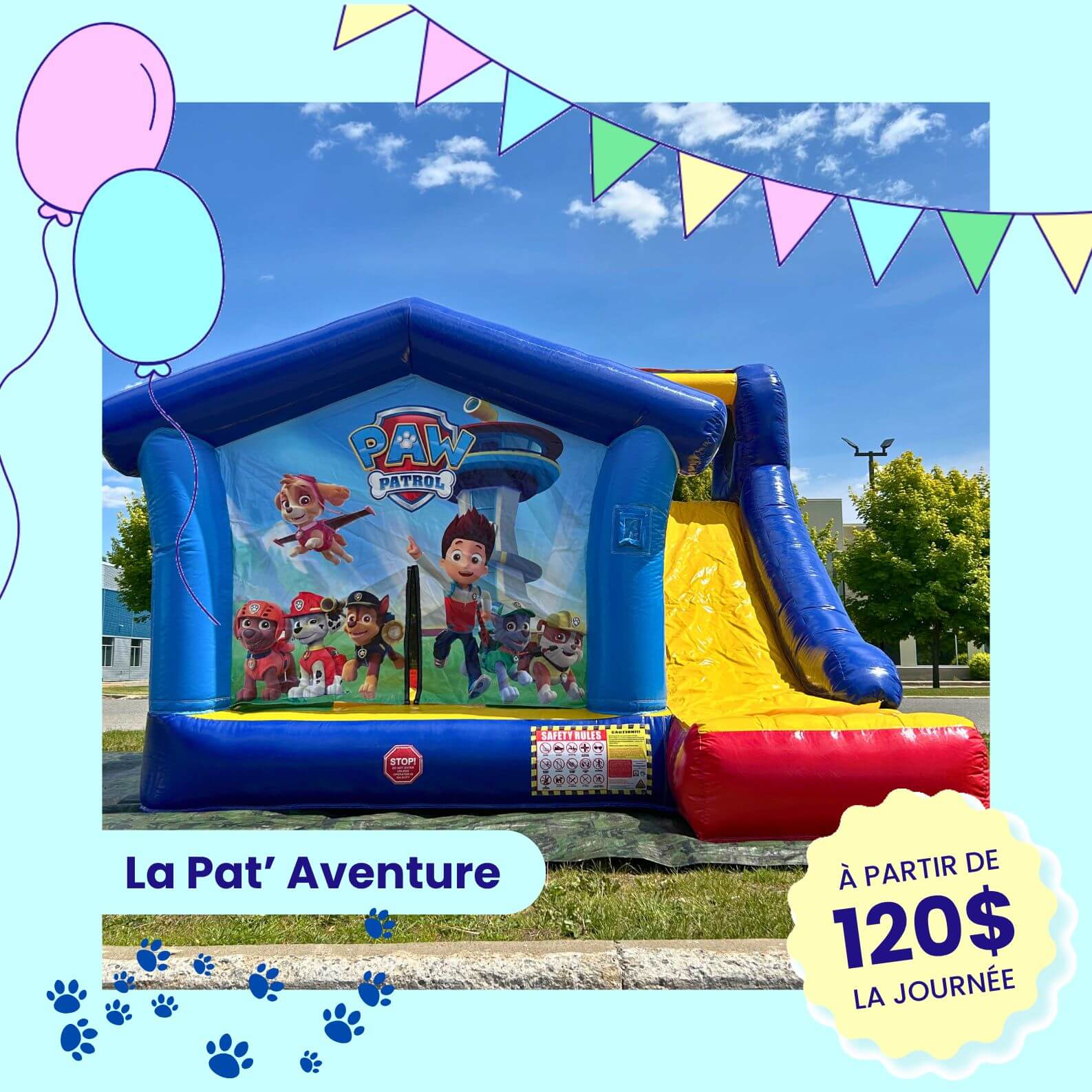 Jeu gonflable La Pat’ Aventure installé sur un sol enneigé sur la Rive-Nord de Montréal, disponible en location hivernale