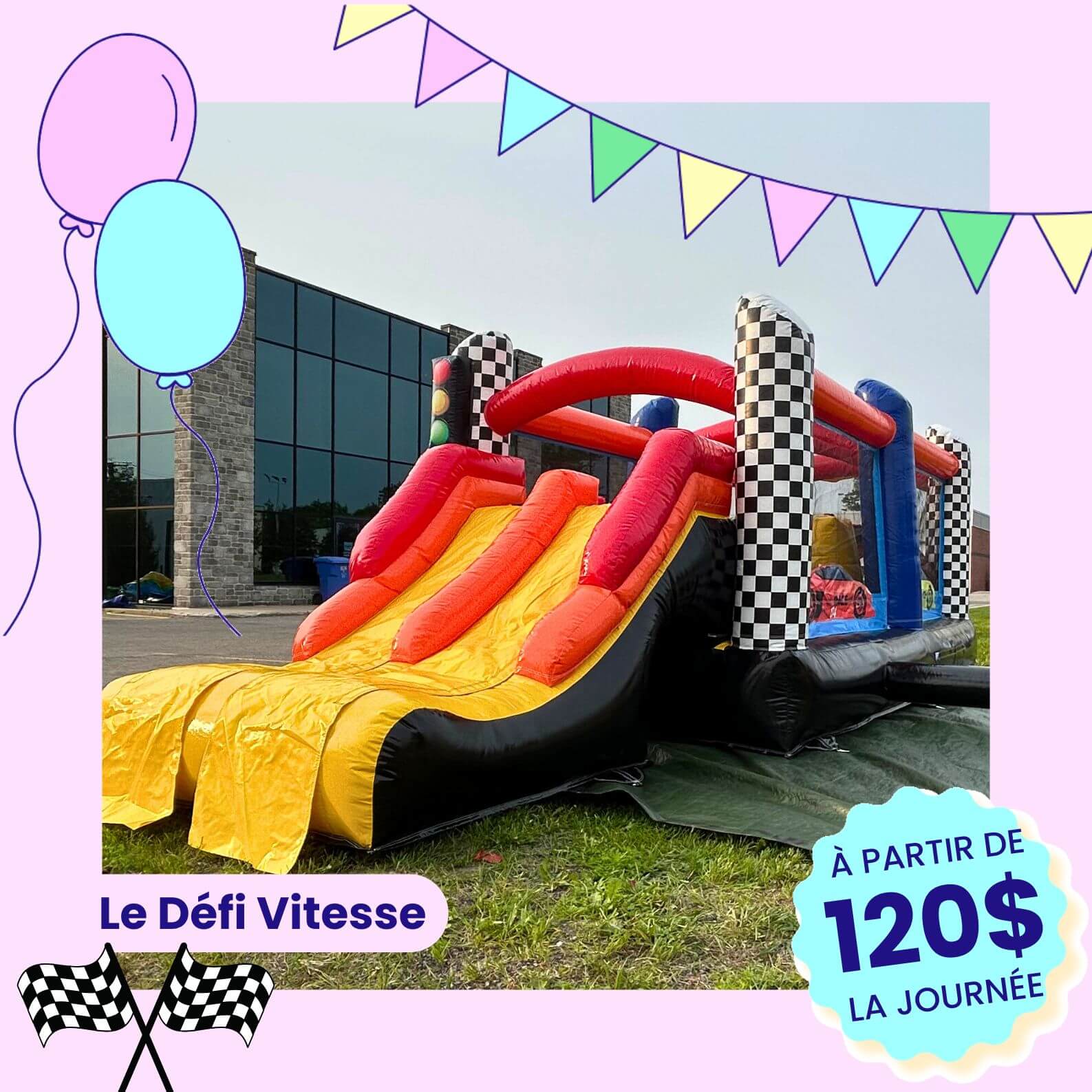 Le parcours gonflable Le Défi Vitesse utilisé en hiver sur un terrain enneigé dans Lanaudière, location hivernale de jeux gonflables Les Ballounes Inc.