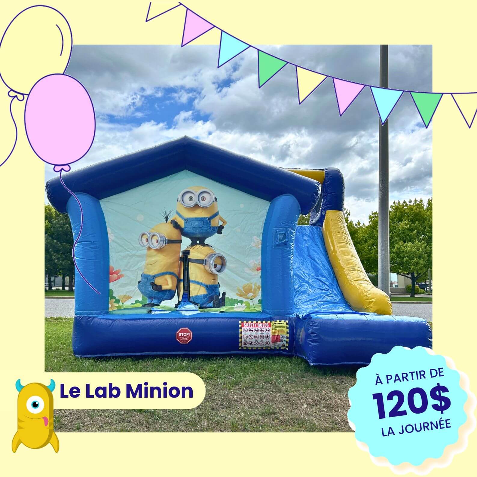 Jeu gonflable Le Lab Minion utilisé à l’extérieur sur la neige en hiver dans Lanaudière, location hivernale Les Ballounes Inc.