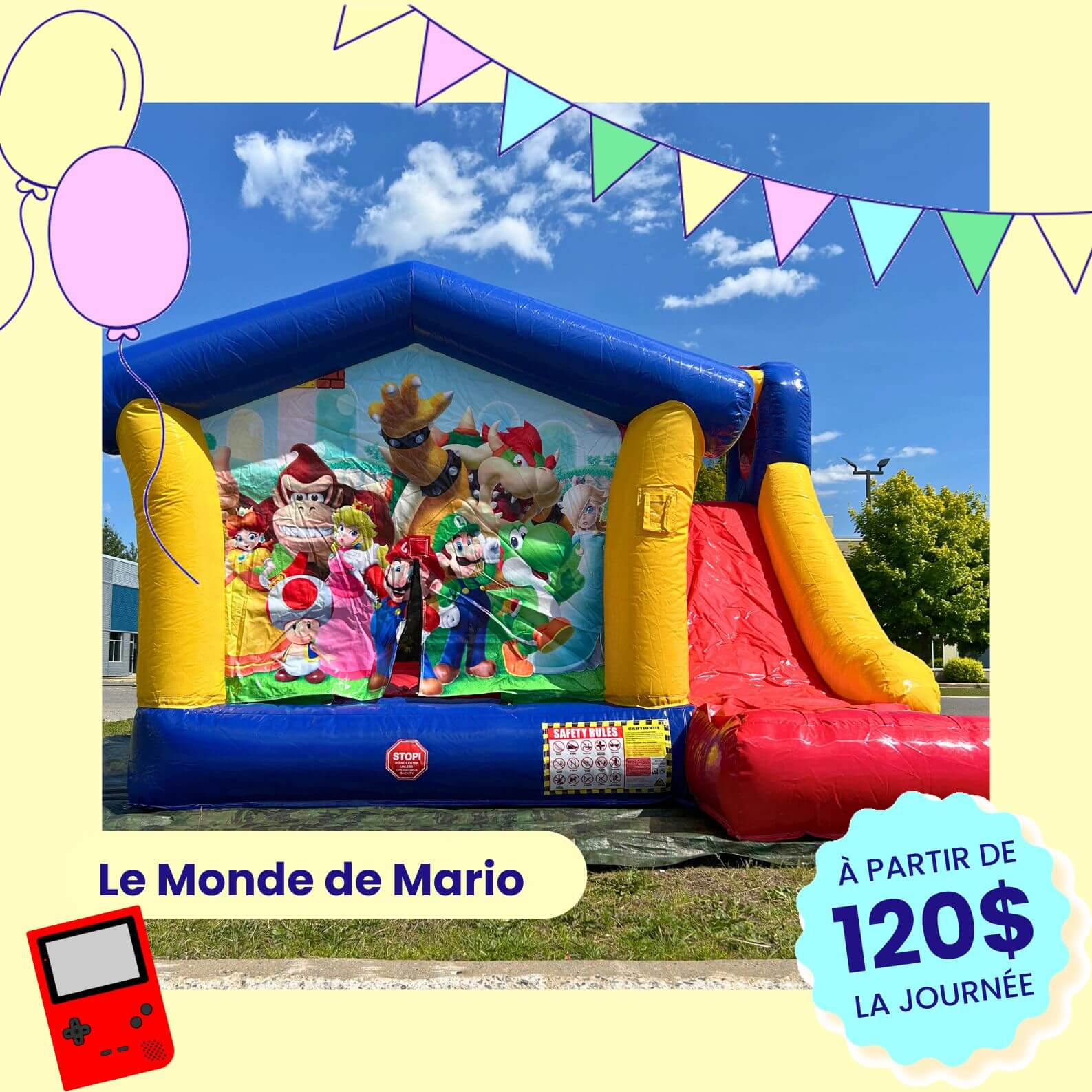 Jeu gonflable Le Monde de Mario installé dehors sur la neige en hiver dans les Laurentides, location hivernale de jeux gonflables Les Ballounes Inc.