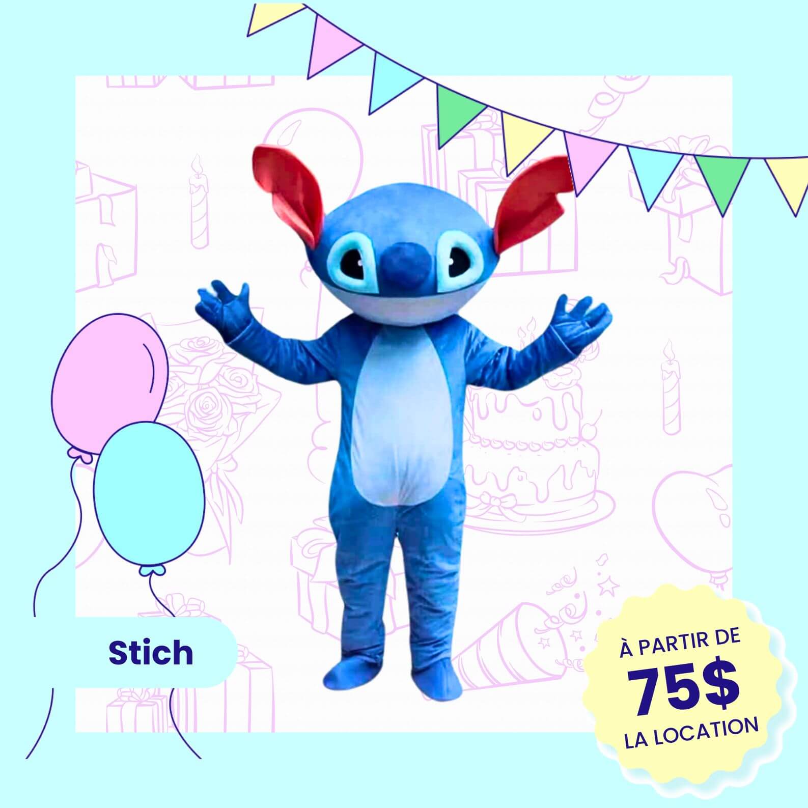 custume de mascotte de stich a louer sur la rive-nord de montreal
